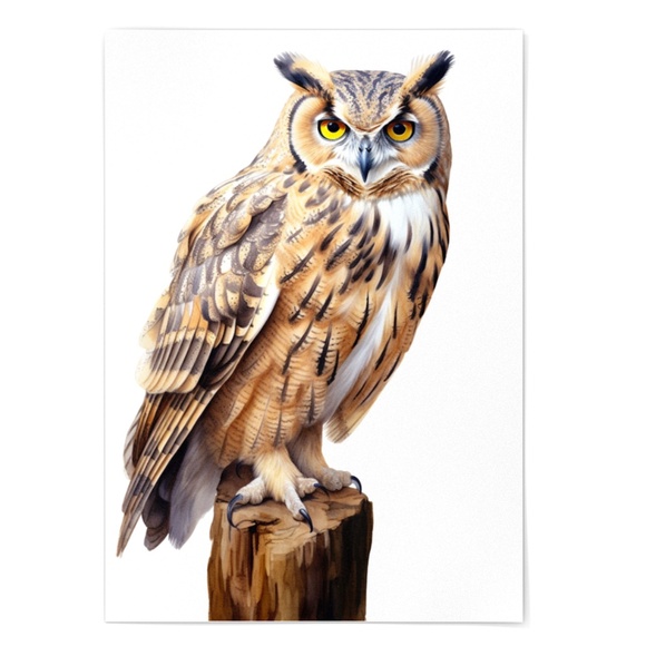 Watercolor Eurasian Eagle Owl Portrait Wall Art Illustration Print Unframed - Picture 5 of 7